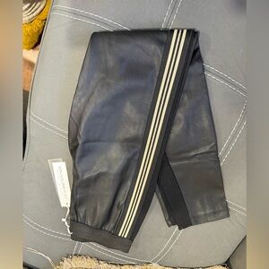 Rinascimento Black Faux Leather Pants with Cream Stripes